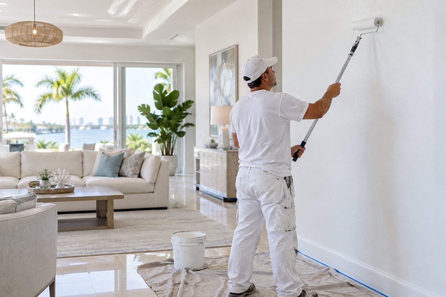 Professional painter applying a clean interior finish in a modern residence
